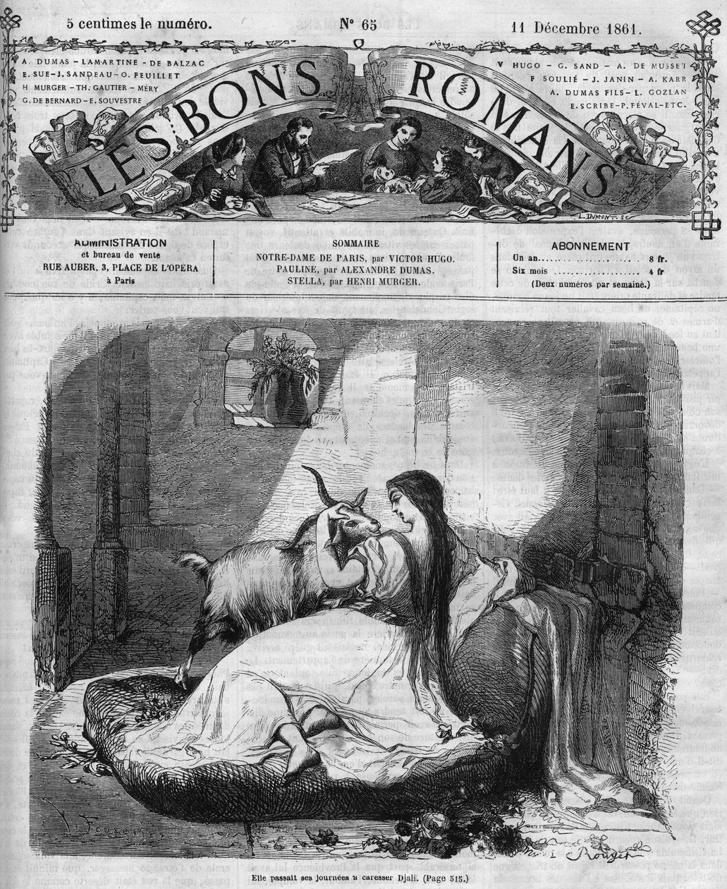 Roman-feuilleton : "Notre-Dame de Paris" par Victor Hugo (1802-1885). Esmeralda et la chèvre. Gravure dans "Les bons romans" - French School