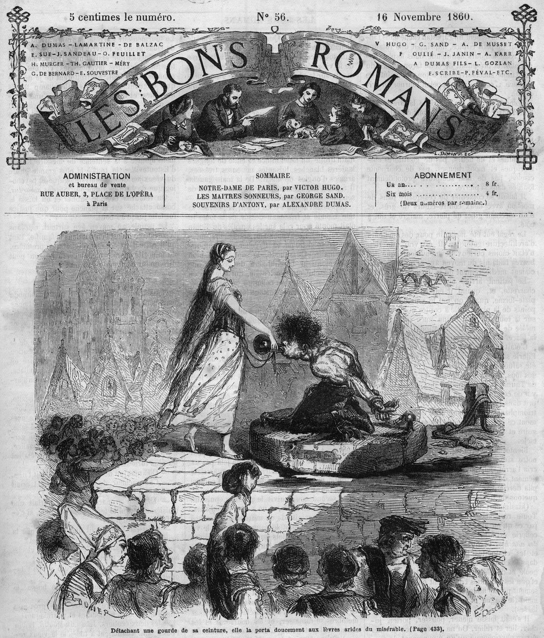 Roman-feuilleton : « Notre-Dame de Paris » de Victor Hugo (1802-1885). Quasimodo et Esmeralda. Gravure dans « Les bons romans » - French School