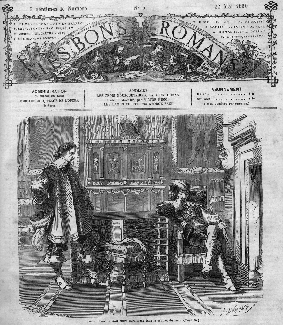 Roman-feuilleton : « Les Trois Mousquetaires » par Alexandre Dumas (1802-1870). Monsieur de Tréville retourne hardiment au bureau du roi. Gravure dans « Les bons romans » - French School