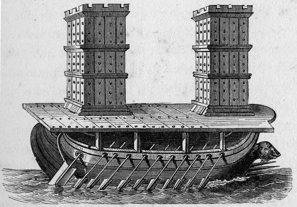 Navire romain à tours. Gravure dans "La Marine et les colonies: commerce" - French School
