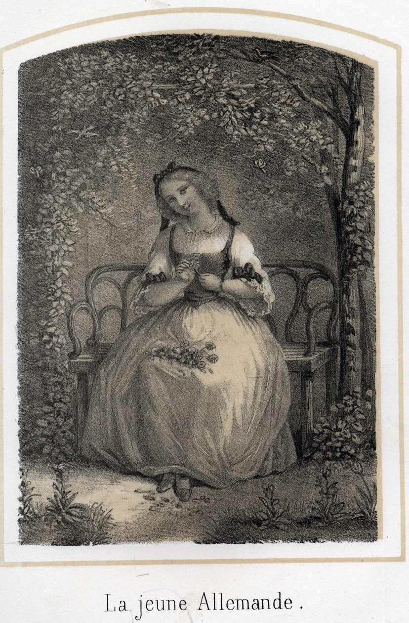 Romantisme : une jeune Allemande assise sur un banc effeuillant une marguerite en pensant à son amant. Gravure anonyme du 19ème siècle - French School