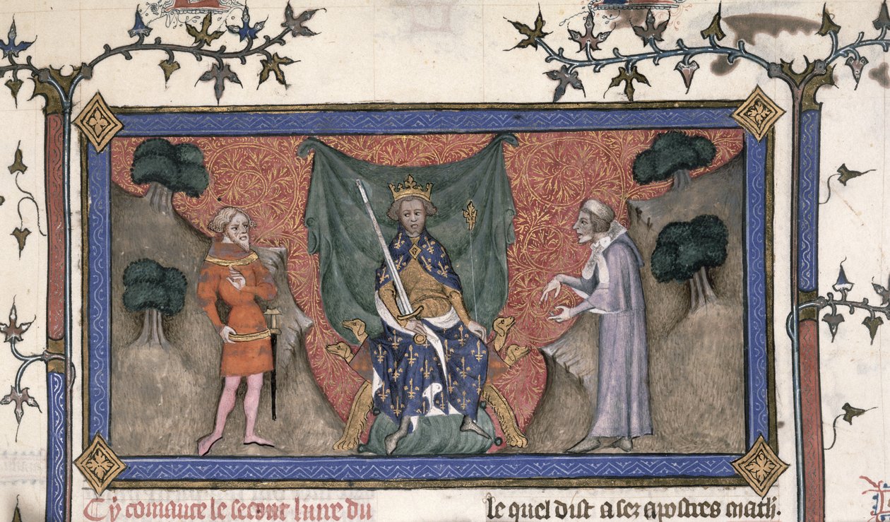 Le roi Charles V (1337-80) de France intronisé avec couronne, épée et sceptre entre un chevalier et un clerc - French School