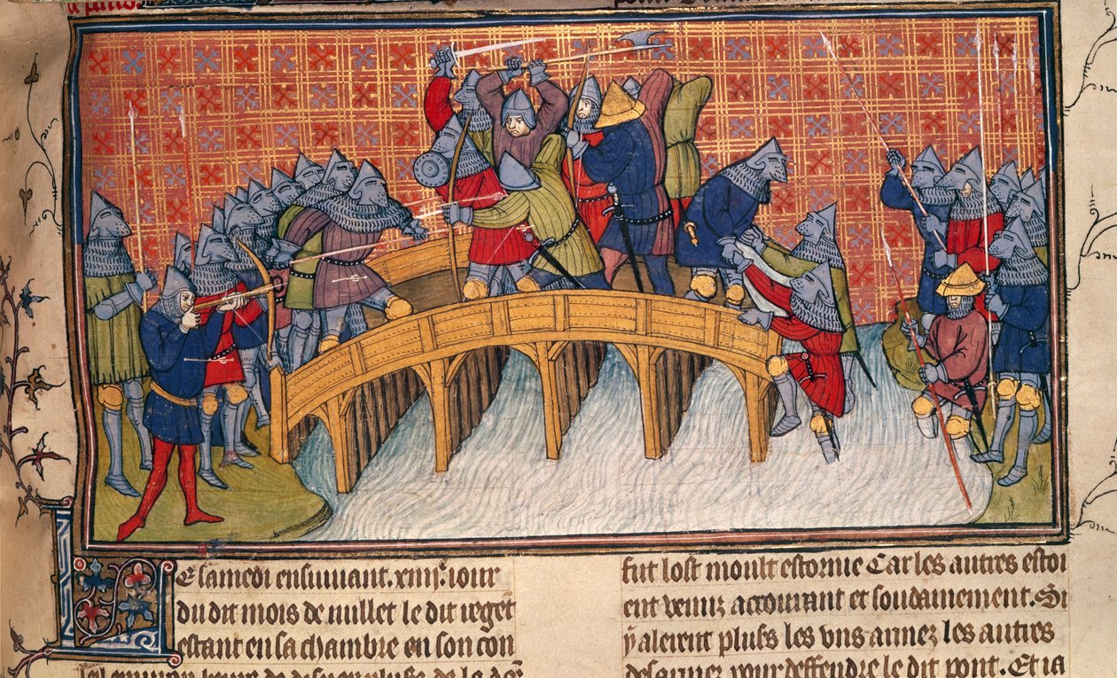 Royal 20 C. VII, fol.137 Bataille sur le pont sur la Seine pendant la guerre de Cent Ans, de 