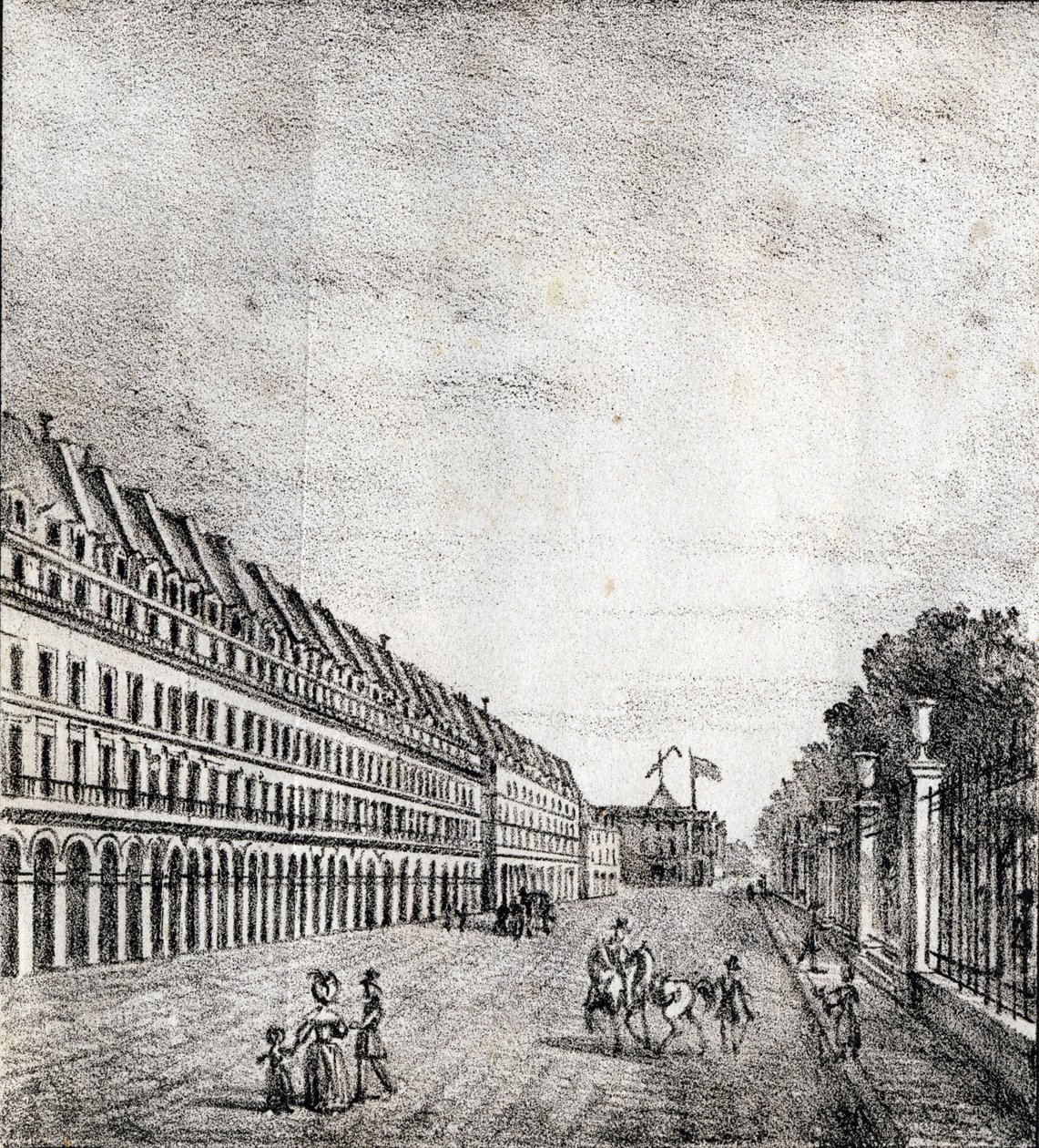 Rue de Rivoli, Paris - "Alphabet Pittoresque des Monuments de Paris" vers 1840 (gravure) - French School