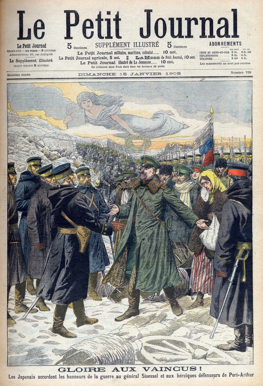 Guerre russo-japonaise 1904-1905 : Les Japonais permettant au général Stoessel et aux défenseurs russes de Port Arthur une reddition honorable. De Le Petit Journal, Paris - French School