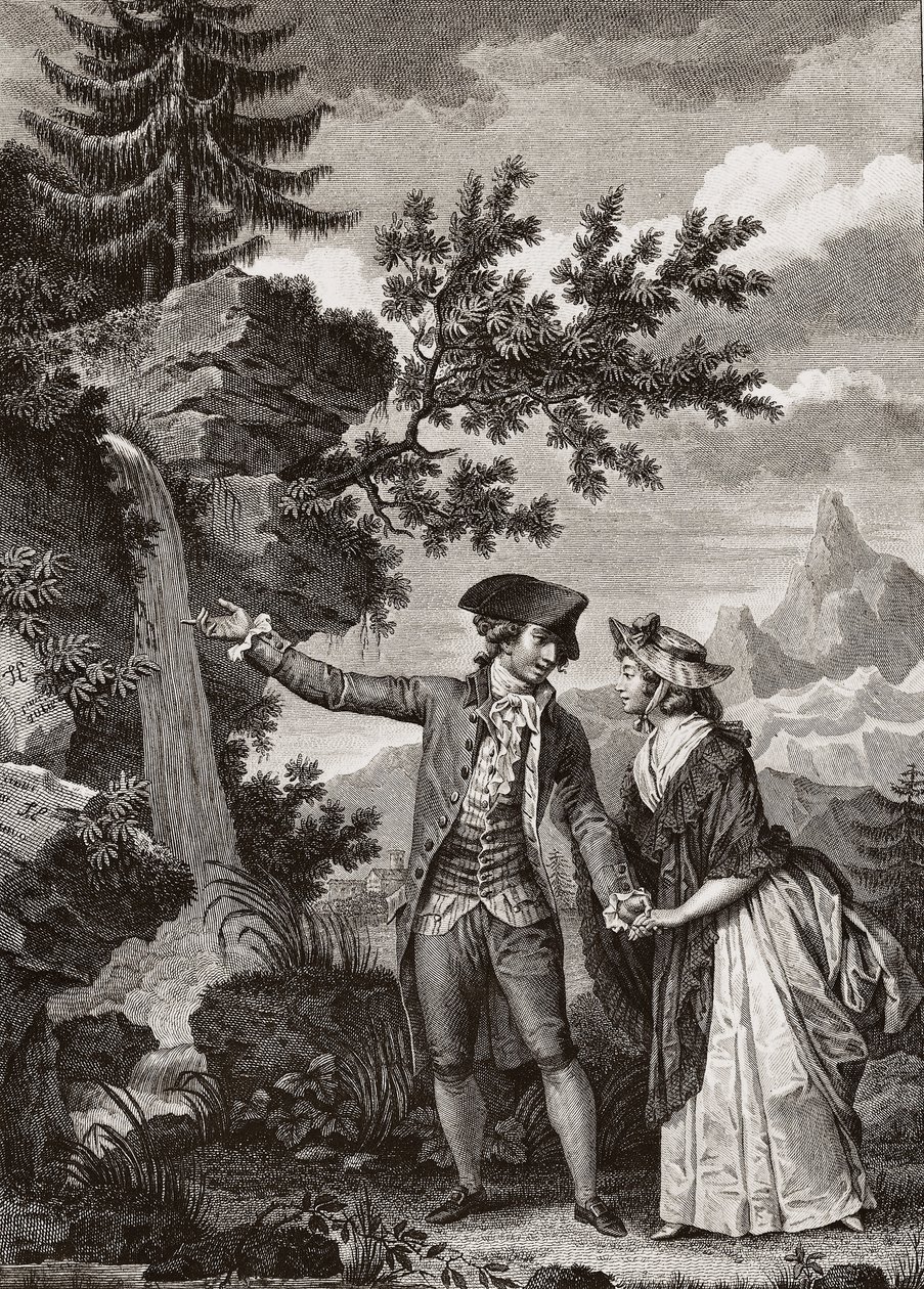 Saint Preux et Julie gravure de 1793 pour « Julie ou la nouvelle Héloïse » par le philosophe suisse Jean-Jacques Rousseau (1712-1778) - Julie et Saint-Preux, illustration de « La Nouvelle Héloïse » par Jean-Jacques Rousseau (1712-78) (gravure) - French School