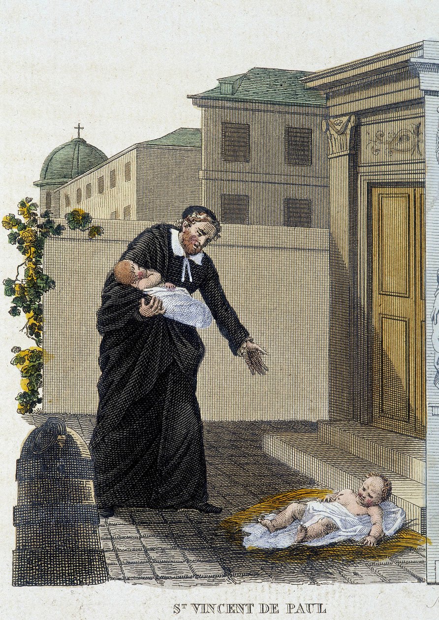Saint Vincent de Paul accueillant des enfants abandonnés devant l