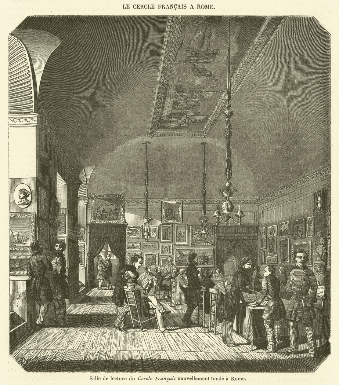 Salle de lecture du Cercle Francais nouvellement fonde a Rome (engraving) - French School