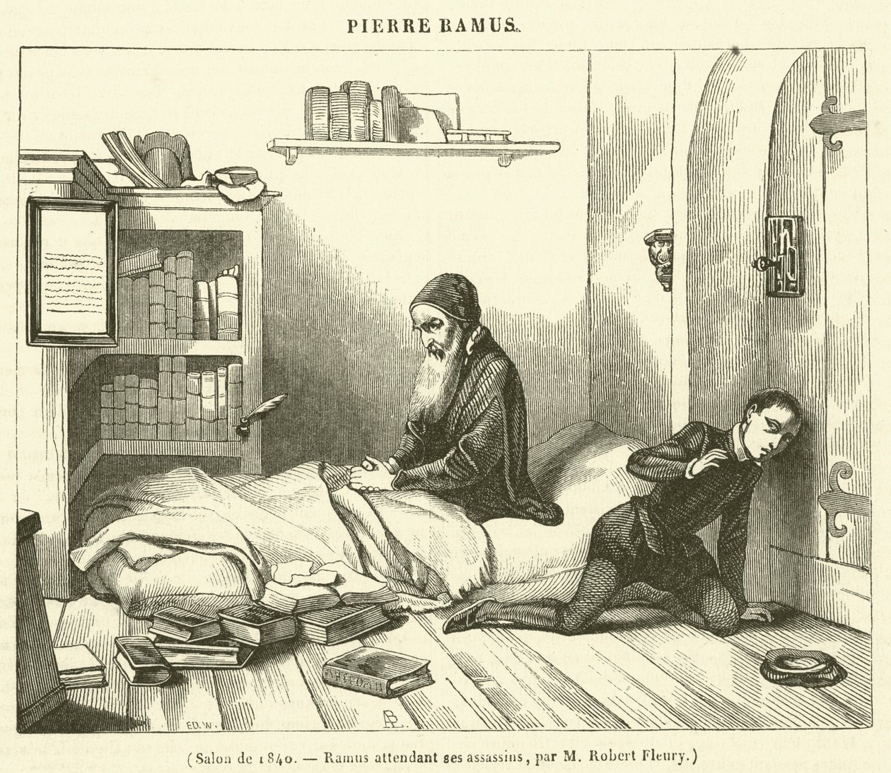 Salon de 1840, Ramus attendant ses assassins (engraving) - French School
