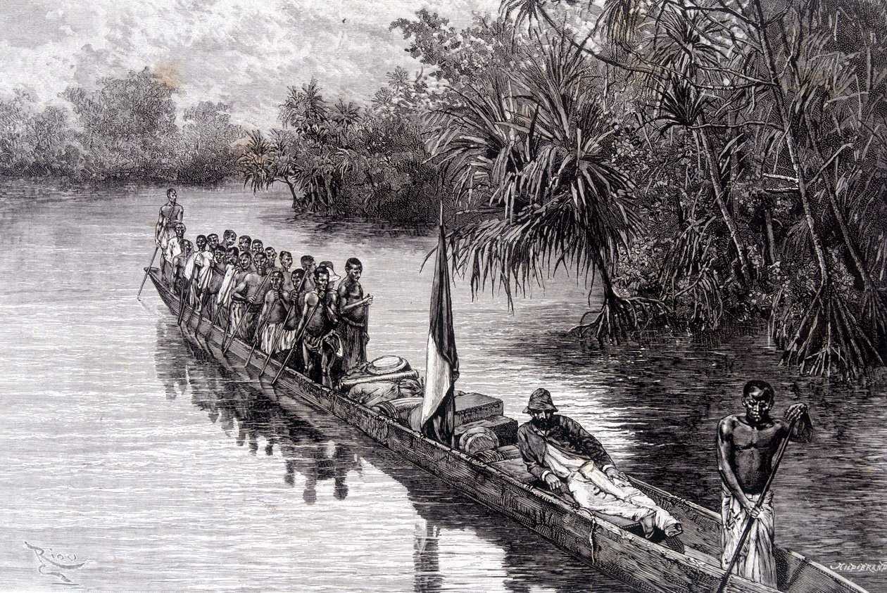 Savorgnan de Brazza en canoë dans les pandanus d