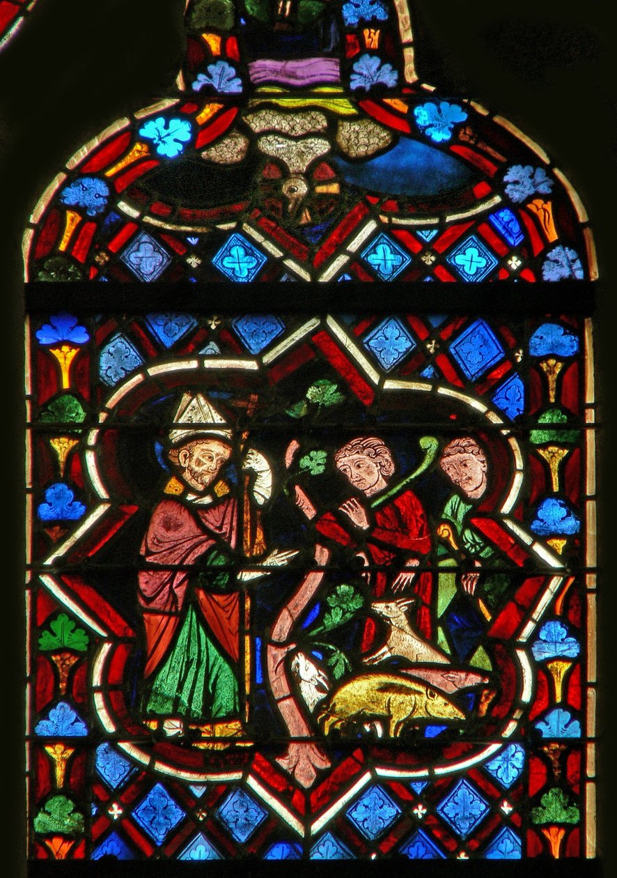 Scène dans la fenêtre E représentant Saint Samson changeant des cochons en chèvres - French School