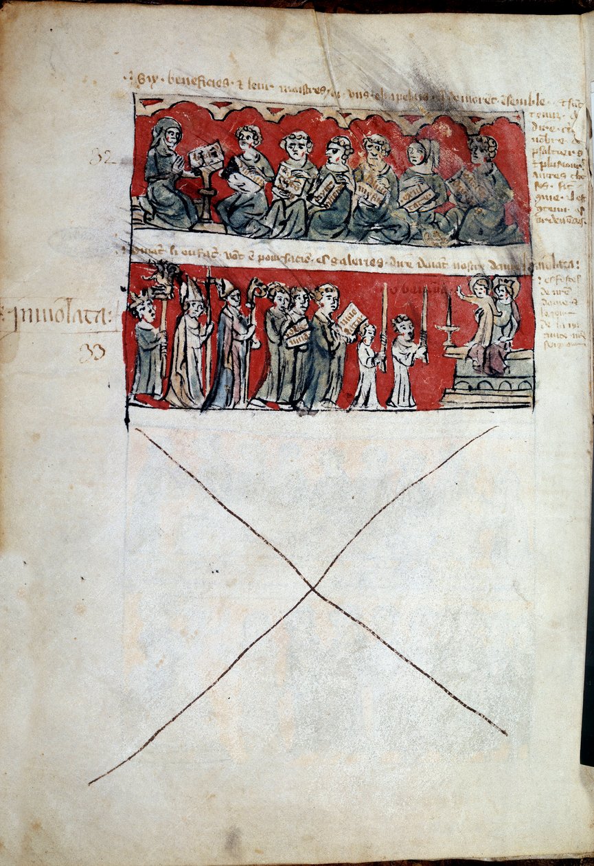 Scène de la vie étudiante au Collège Hubant ou Ave Maria à Paris. Scènes de la vie étudiante (prières) et règlements du collège. Bandes 32 à 33. Page manuscrite « Livre des statuts du Collège de Hubant ou de l