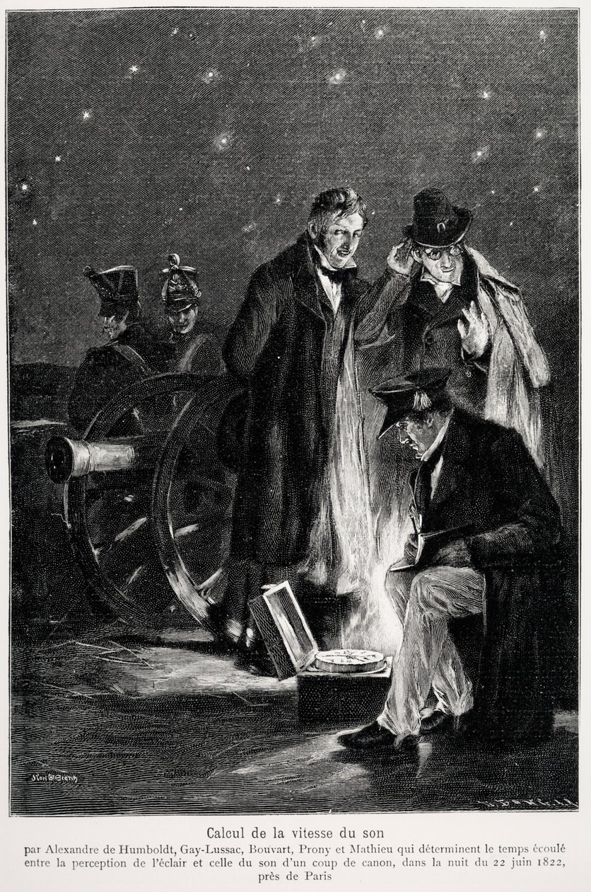 Expérience scientifique : le calcul de la vitesse du son, par Humboldt, Louis-Joseph Gay-Lussac, Bouvard, Prony et Mathieu, déterminant le temps écoulé entre la perception de la lumière et celle d