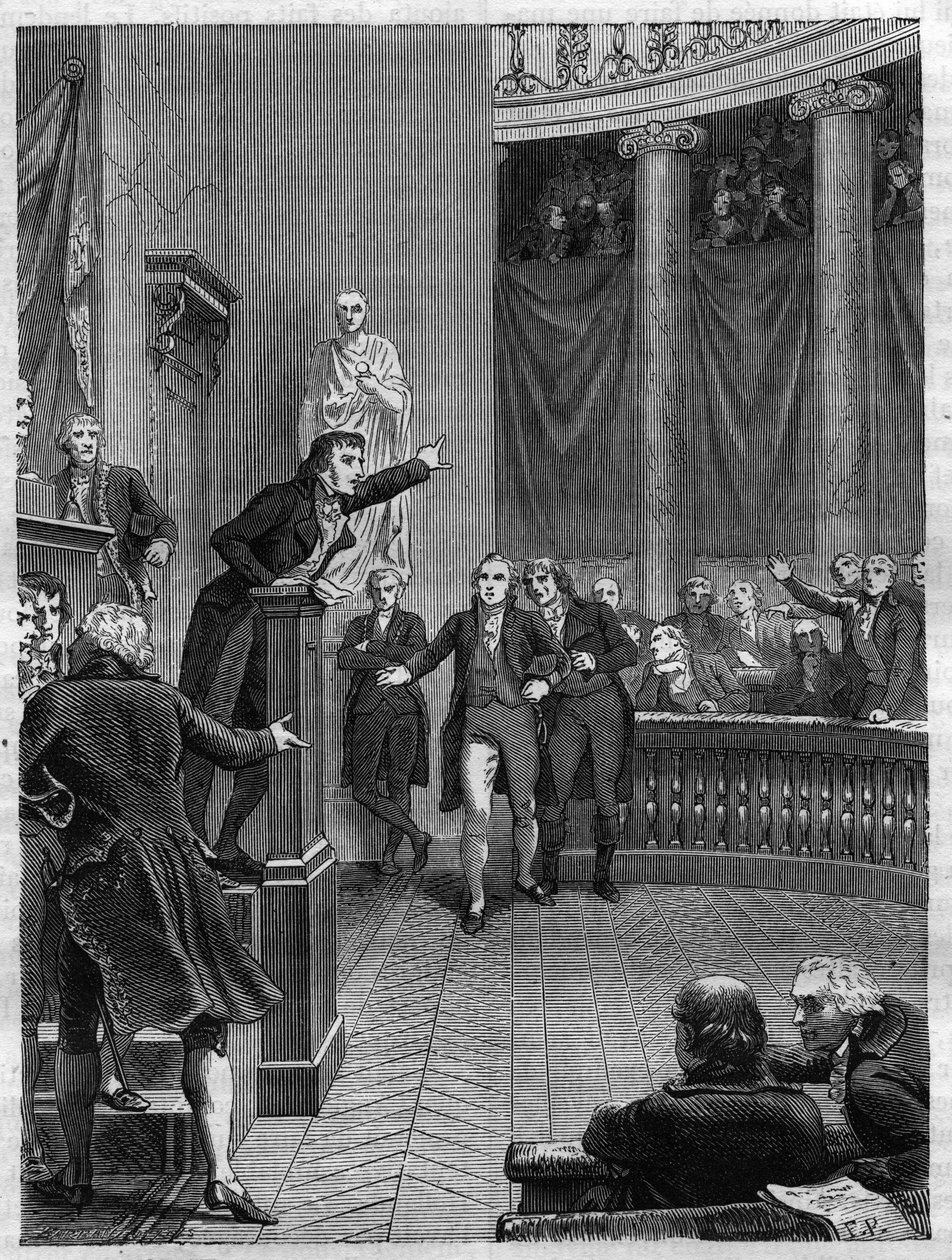 Séance du Tribunat : discours de Benjamin Constant (1767-1830) à la tribune dénonçant le régime mis en place par Napoléon, janvier 1800 - Gravure de 1865 dans « Histoire du Consulat et de l