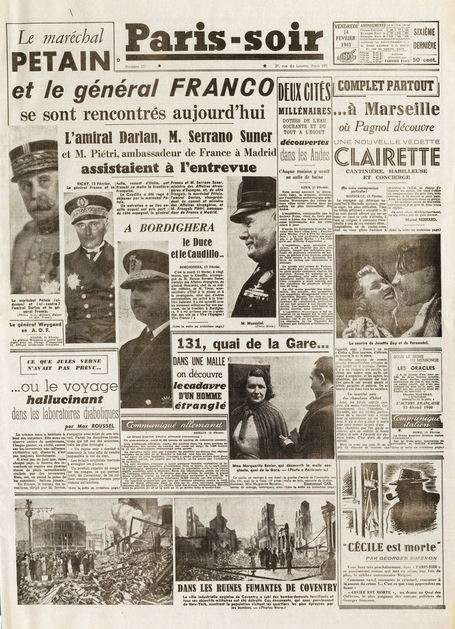 Seconde Guerre mondiale (1939-1945) - Seconde Guerre mondiale (WWII ou WW2) : PARIS SOURCE [No. 237] du 14/02/1941 - Rencontre entre LE MARÉCHAL PÉTAIN et LE GÉNÉRAL FRANCO - - French School