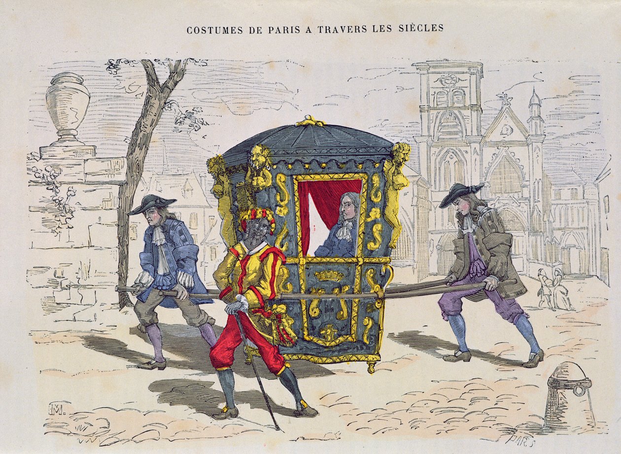 Chaise à porteurs au XVIe siècle, des Costumes de Paris à Travers les Siècles, publié en 1887 - French School
