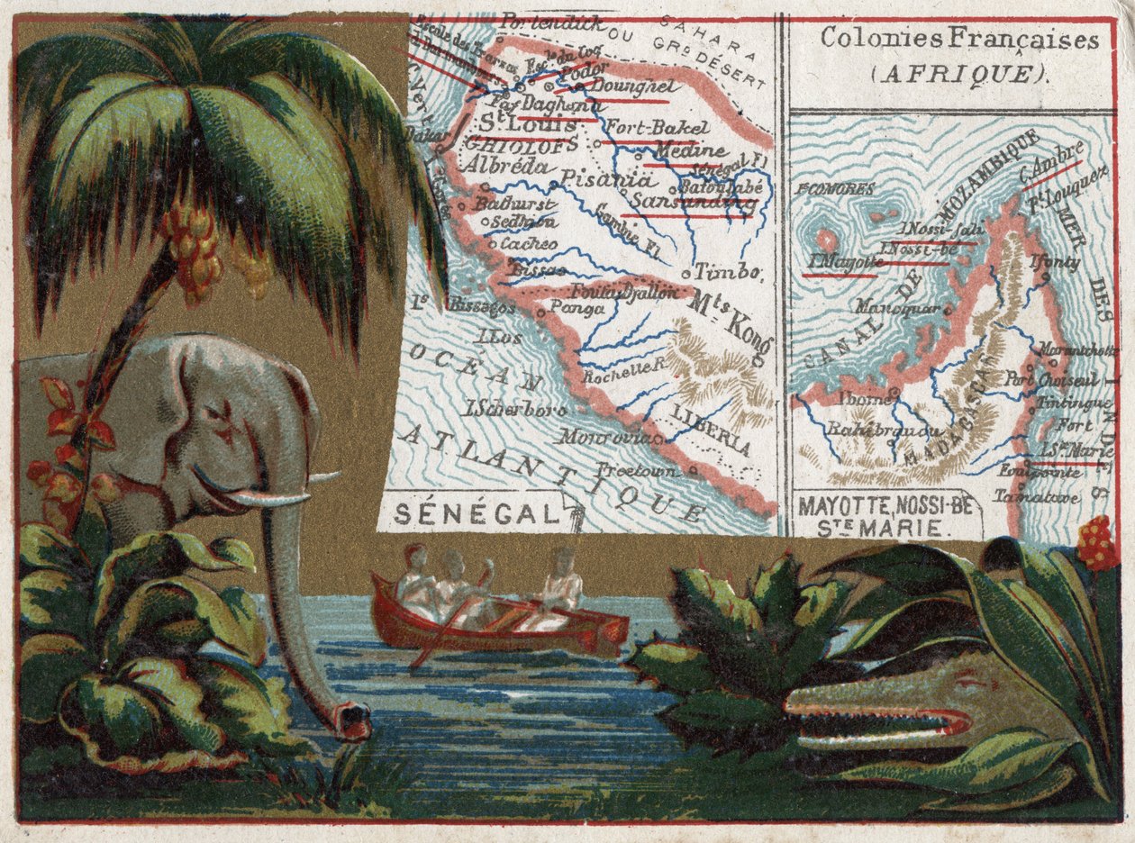Sénégal, Mayotte, Île de Sainte-Marie, Nossi-Bé, Afrique. Éléphant, crocodile et bateau sur une rivière. Série sur les colonies françaises. Chromolithographie « le fil géographique », vers 1920. Collection privée. - French School