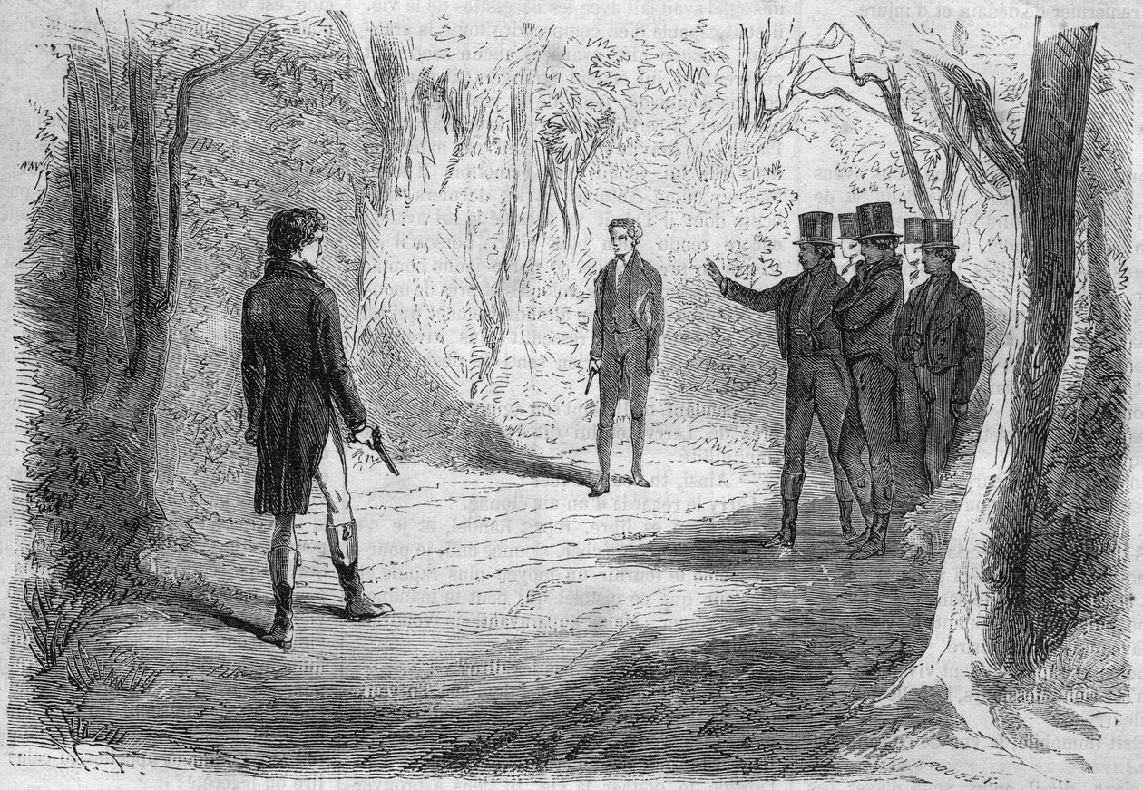 Roman-feuilleton : "Riche et Pauvre" par Émile Souvestre (1806-1854). Le duel de Boissard et Larry. Gravure dans "Les bons romans" - French School