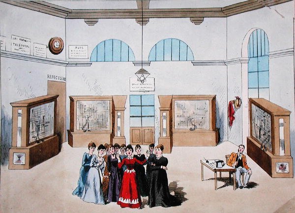 Décor de scène pour une opérette mettant en scène des opératrices dans un central téléphonique, fin du 19ème siècle - French School
