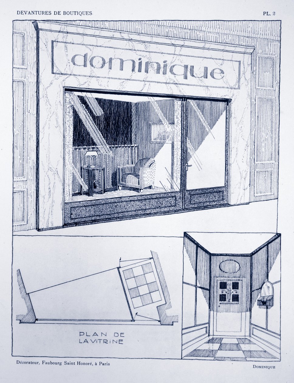 Devanture de boutique, Planche 2, illustration de Devantures de Boutiques par Louis-Pierre Sezille, Paris, 1927 - French School