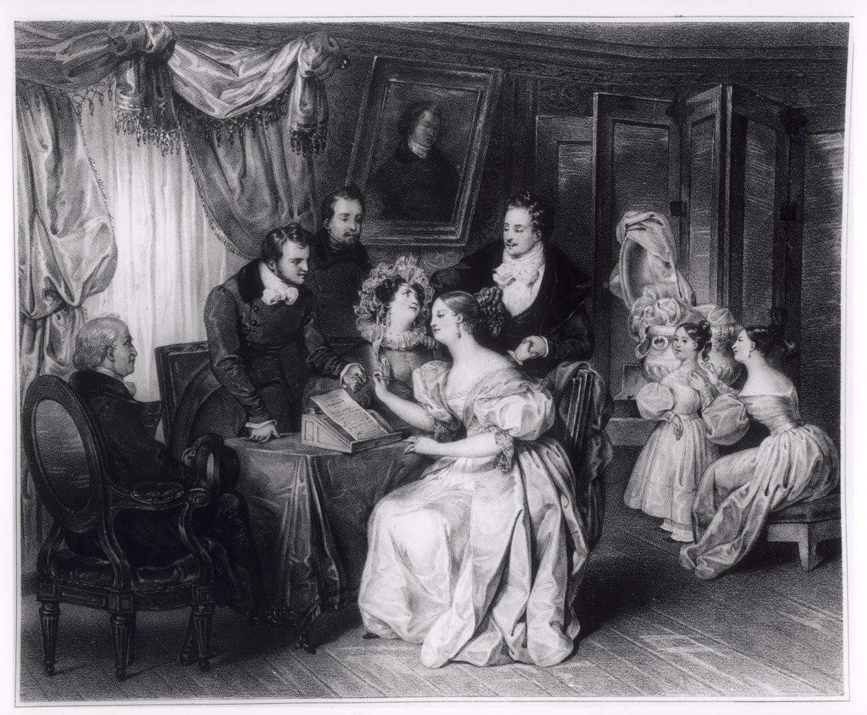 Signature du contrat de mariage chez le notaire, vers 1840 - French School