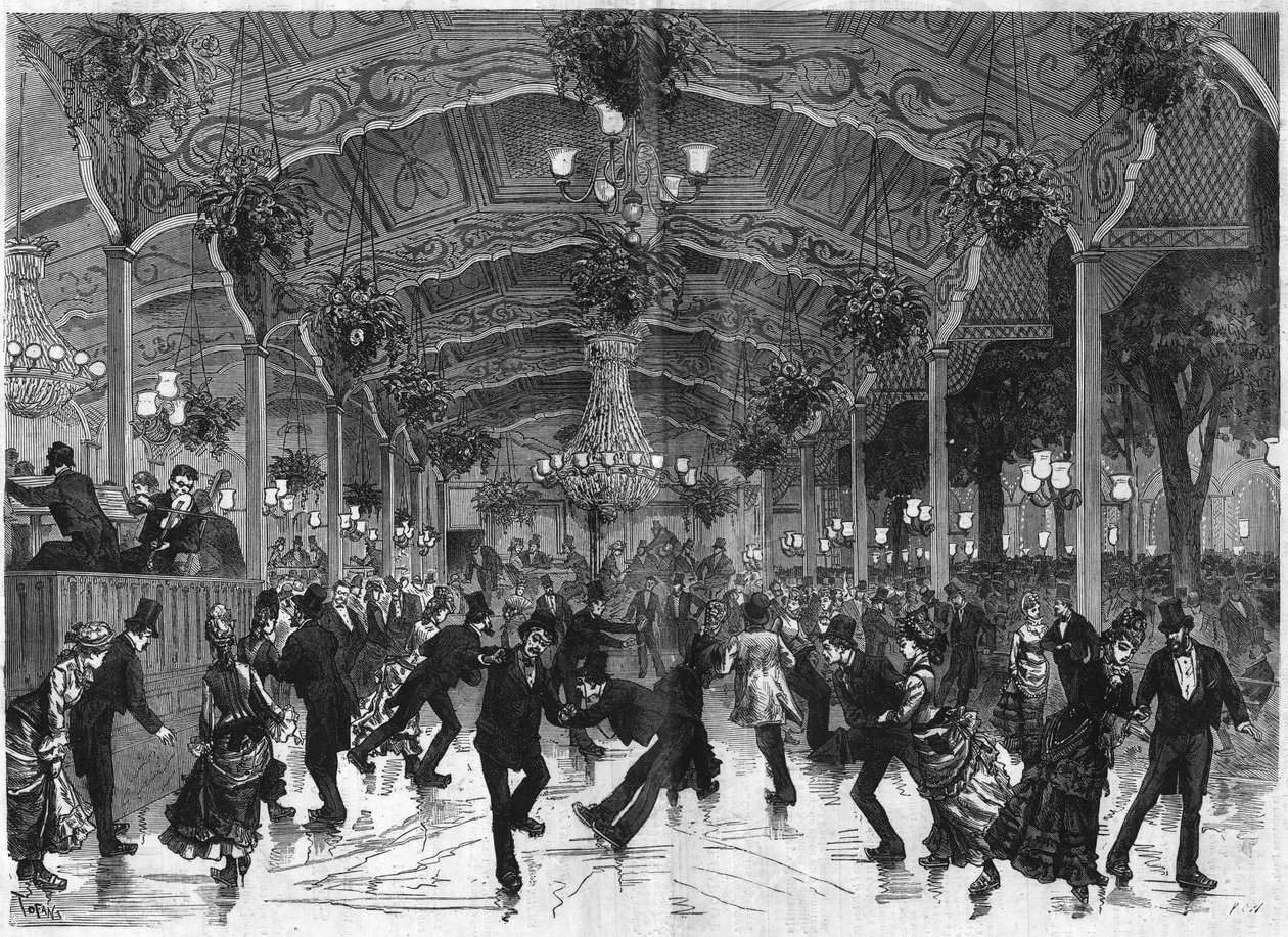 Piste de patinage à Bullier. Piste de danse en patins à roulettes au Bal Bullier à Paris. Gravure dans « L