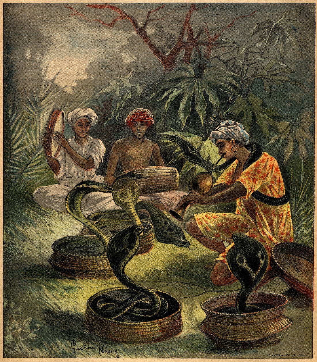 Charmeurs de serpents (cobras) en Inde. Gravure dans 
