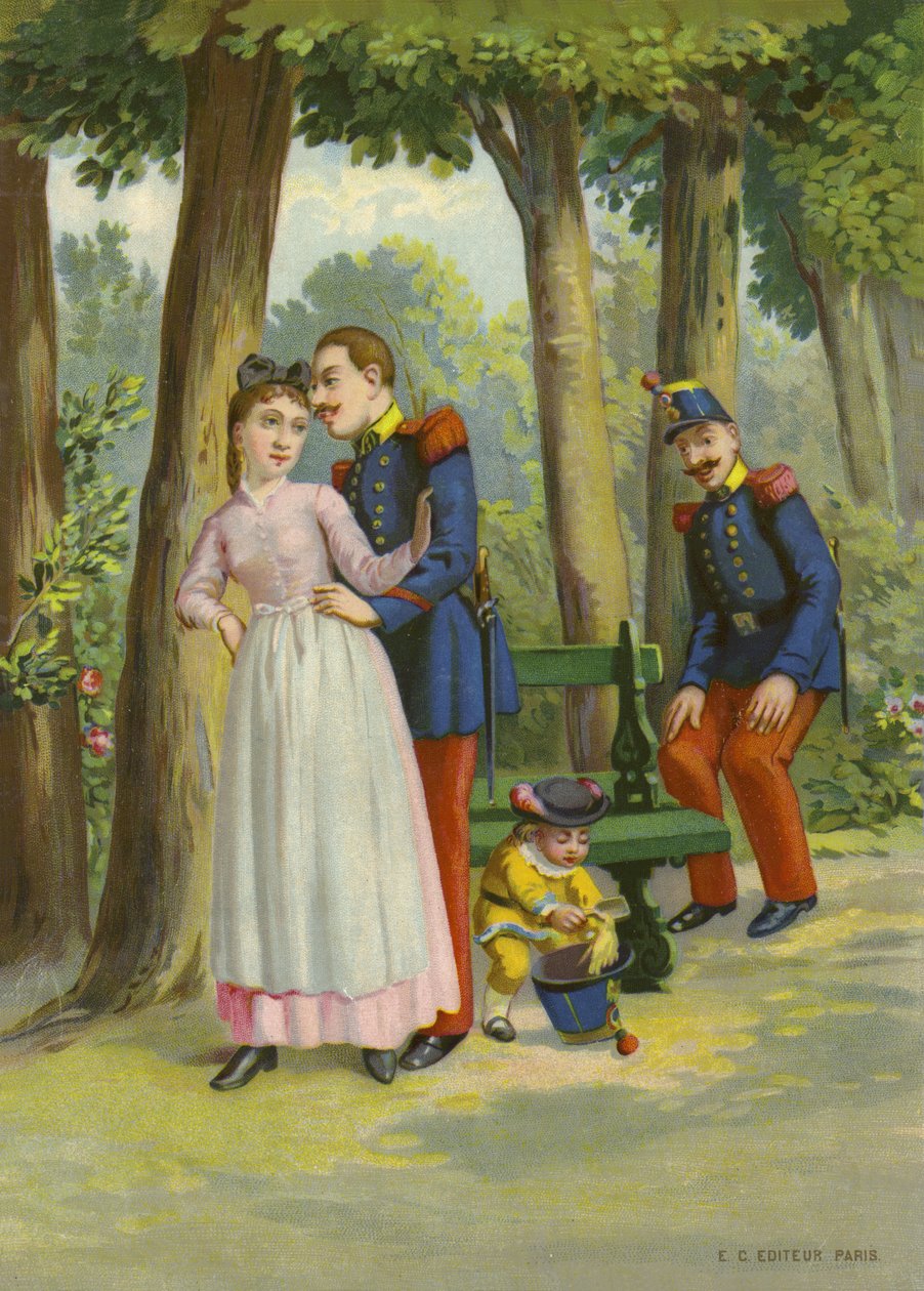 Soldat faisant des avances à une servante dans un parc (chromolitho) - French School