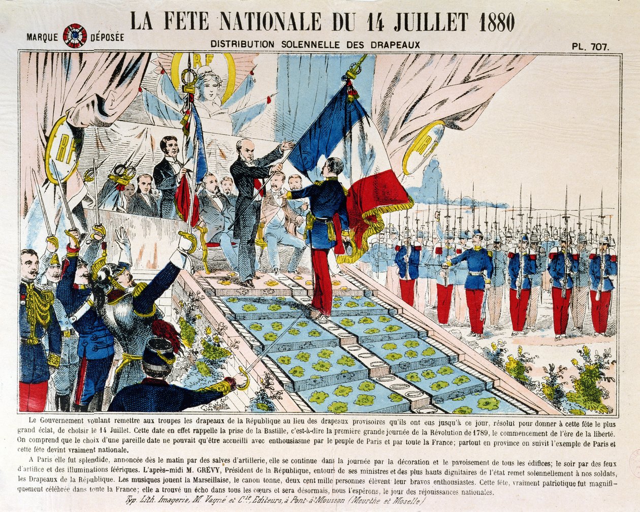 Distribution solennelle des drapeaux à Longchamp par le président Jules Grévy (1807-91), 14 juillet 1880, 1880 - French School