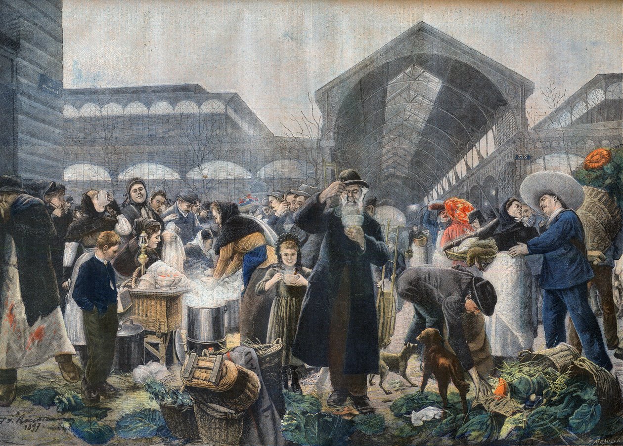 Stand de soupe au marché des Halles le matin, illustration du 