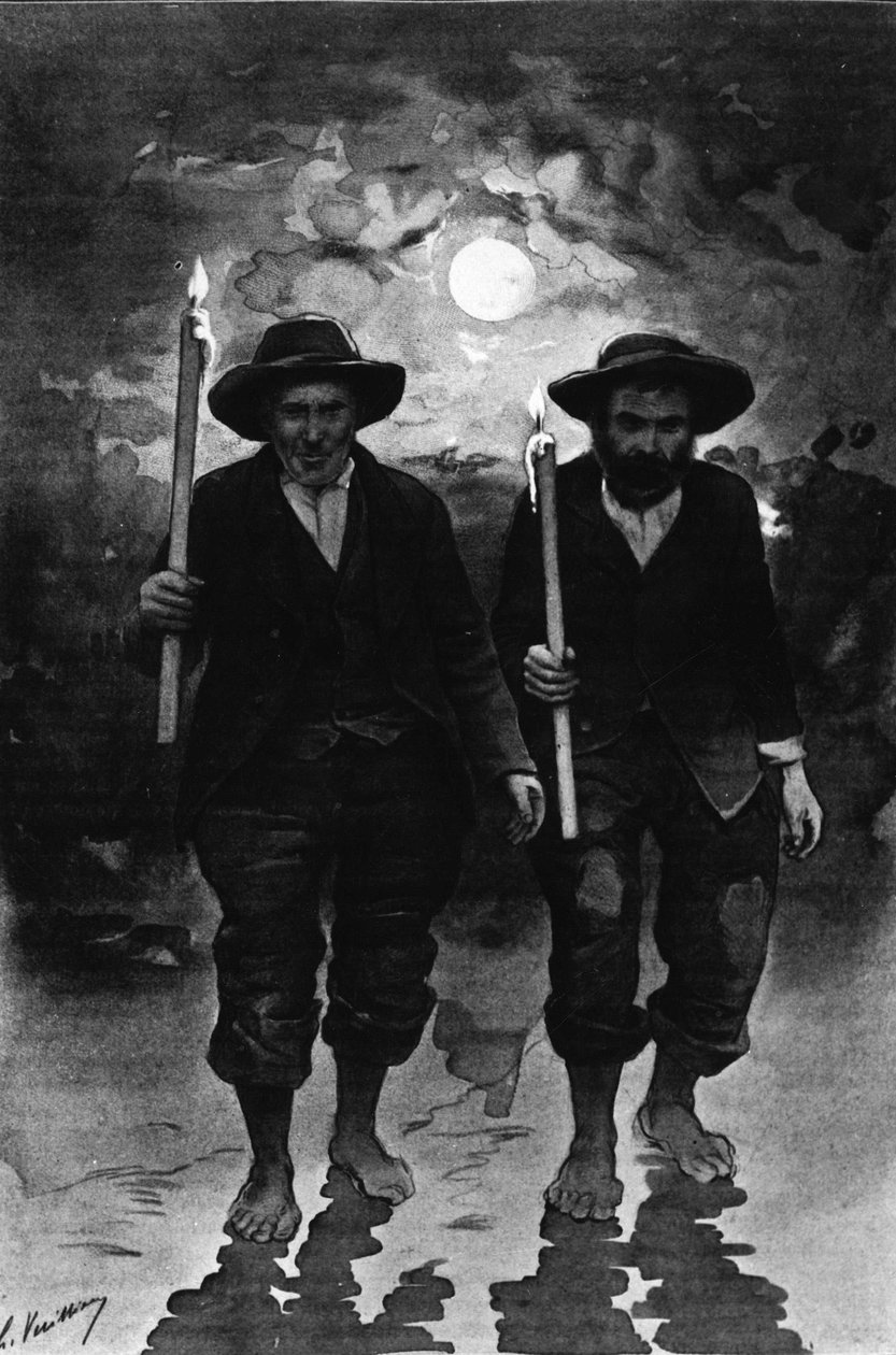 Source et malade : deux hommes, une nuit de pleine lune, chacun tenant une bougie et marchant pieds nus (procession ?) - dans « Journal des voyages » - French School
