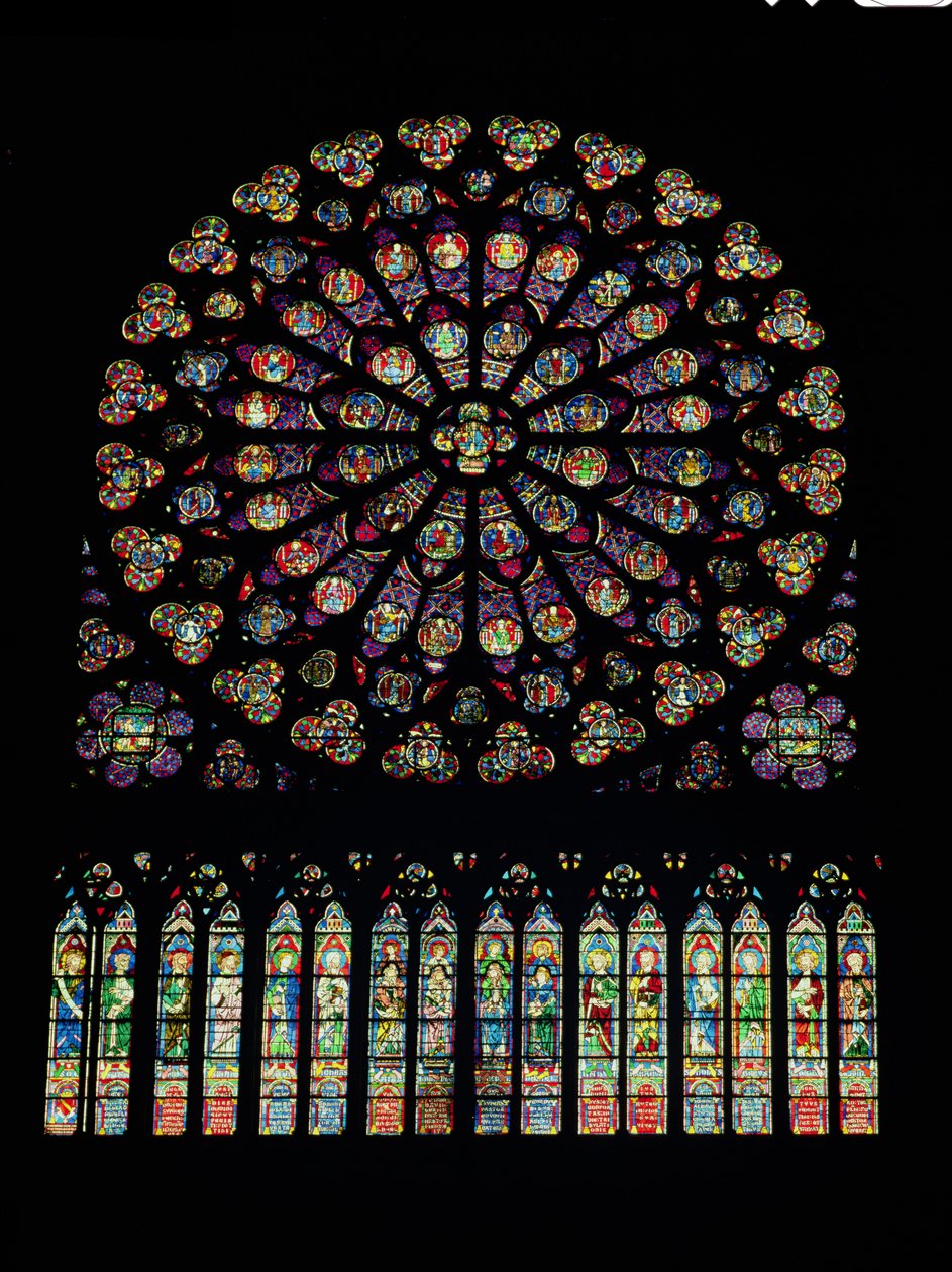 Rosace du transept sud représentant le Christ au centre entouré de saints et des douze apôtres - French School