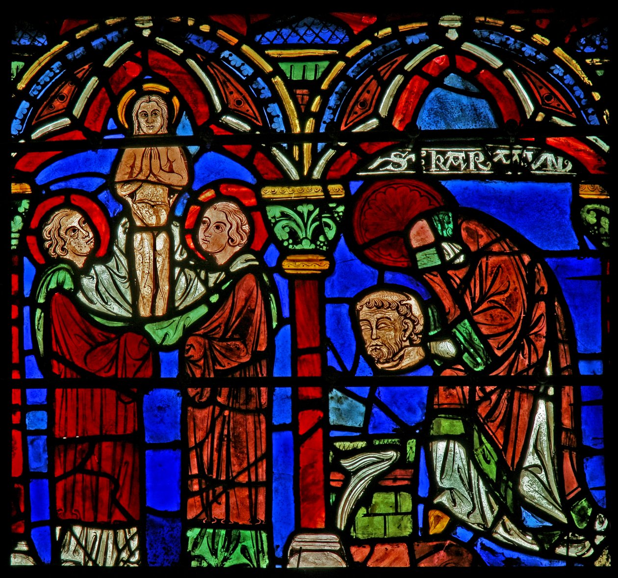 Vitrail de Saint Chéron : porte sa tête à la fontaine de Saint Mesme ; son âme monte - French School