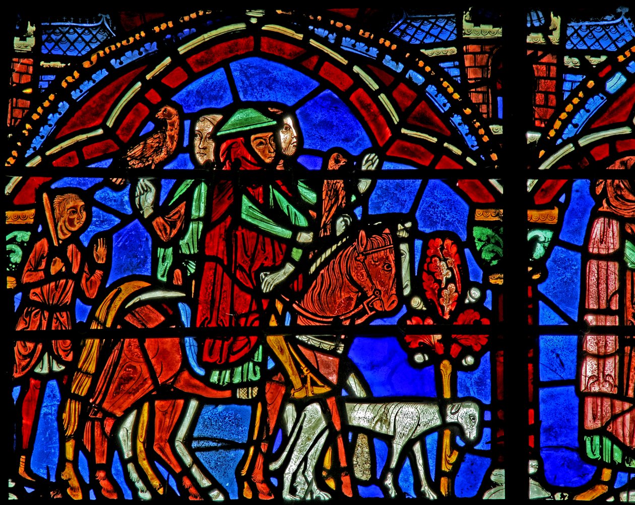 Vitrail de Saint Chéron : le cheval du prince et son entourage - French School