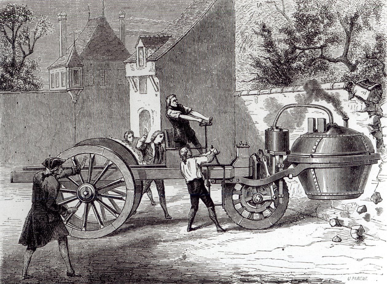Voiture à vapeur inventée par Nicolas Joseph Cugnot (1725-1804) en 1771, 1886 - French School