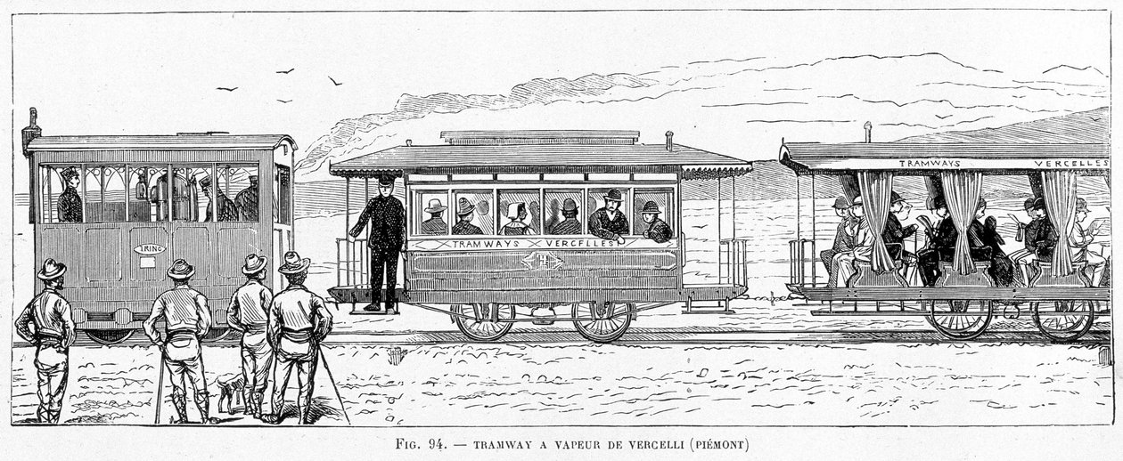 Tramway à vapeur de Vercelli (Piémont) - dans "Les nouvelles conquêtes de la science" par Louis Figuier - French School