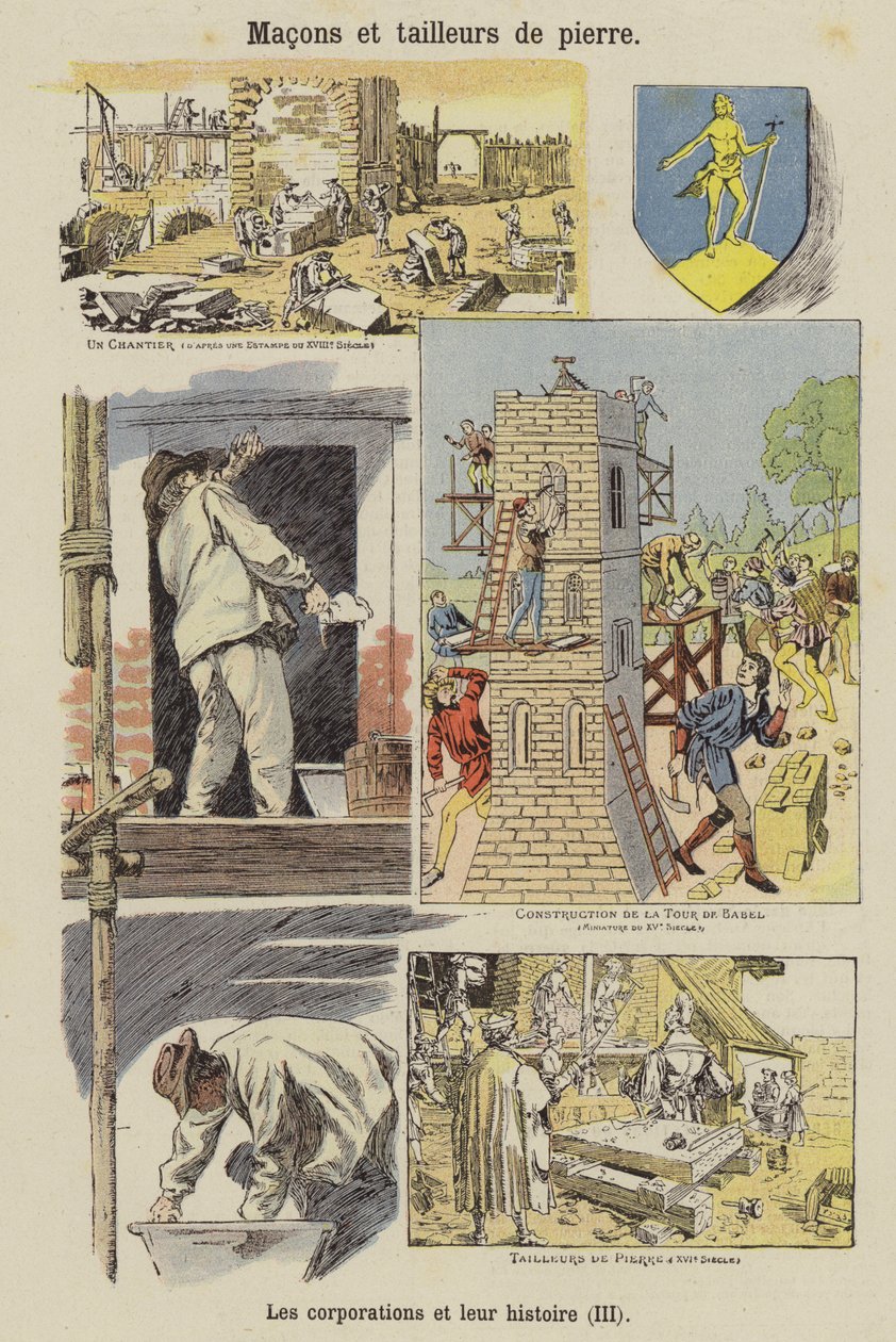 Maçons et briqueteurs (lithographie couleur) - French School