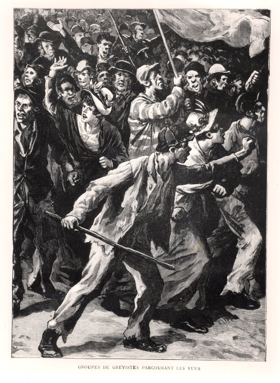 Manifestants en grève dans les rues de Chicago pendant les émeutes de Pullman de 1894, vers 1895 - French School