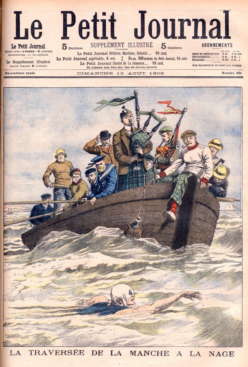 Traversée de la Manche à la nage par Jabez Wolffe (1877-1943) - Illustration pour Le Petit Journal - French School