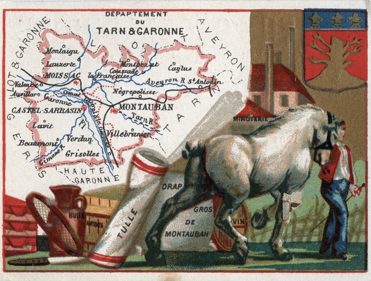 Tarn-et-Garonne (82), Midi-Pyrénées, France. Spécialités locales : huile, amidon, tulle, drap de Montauban en gros, vin et moulin à farine. Série sur les départements français. Chromolithographie - French School