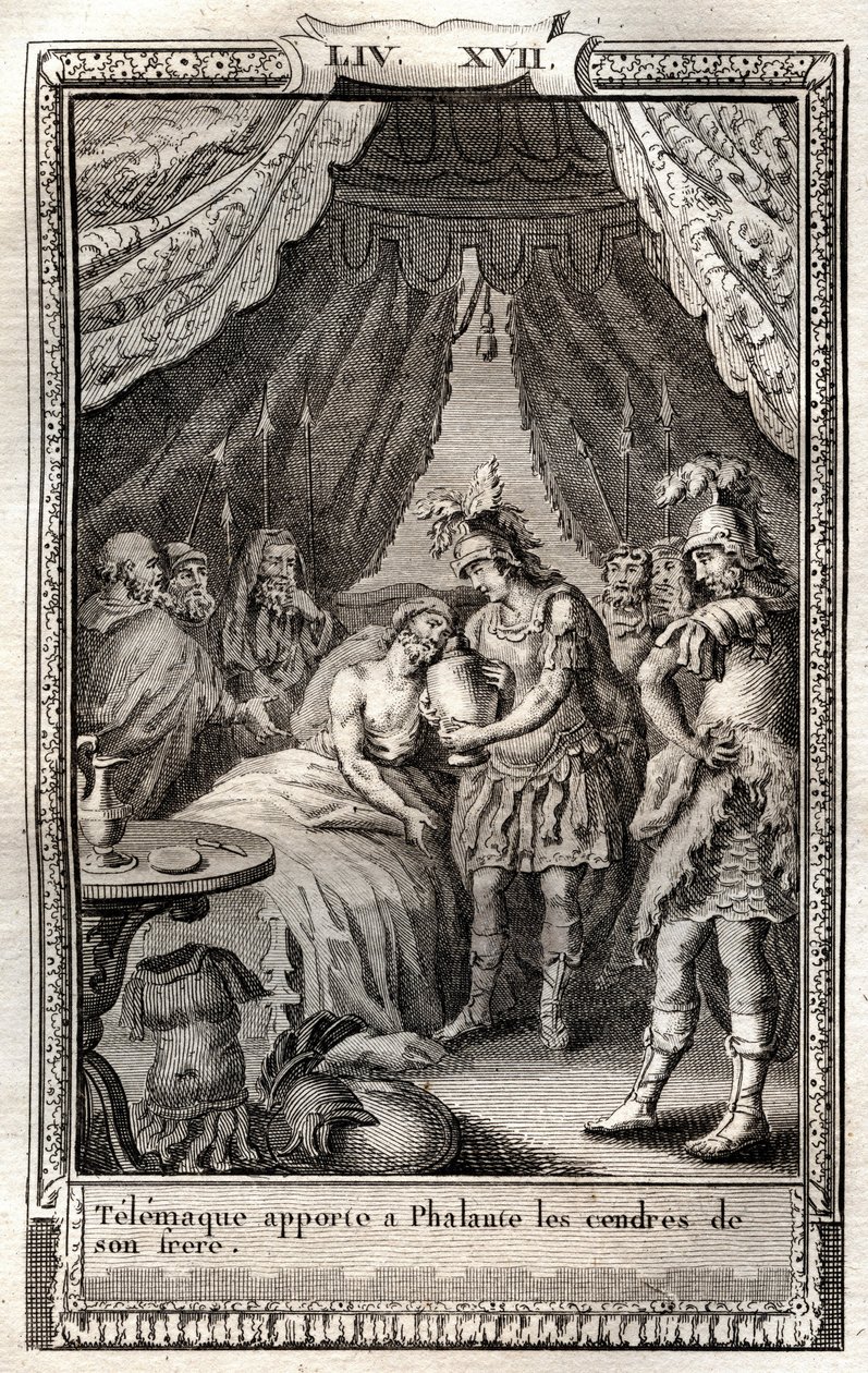 Télémaque soigne les blessures de Phalante et lui apporte les cendres de son frère - gravure de 1798 d
