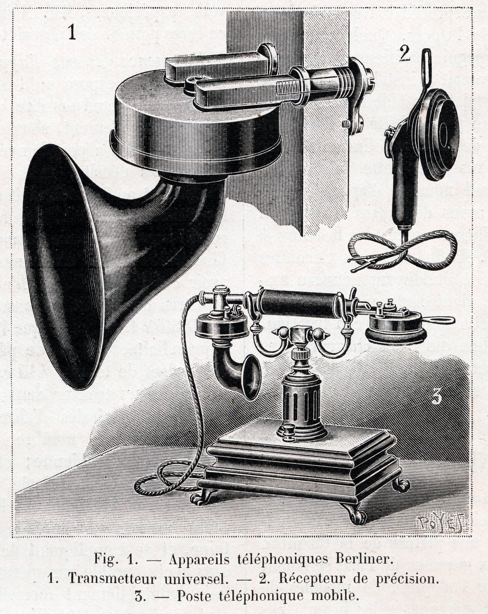 Appareil téléphonique - Système Berliner - gravure dans «La nature» de 1902 - French School