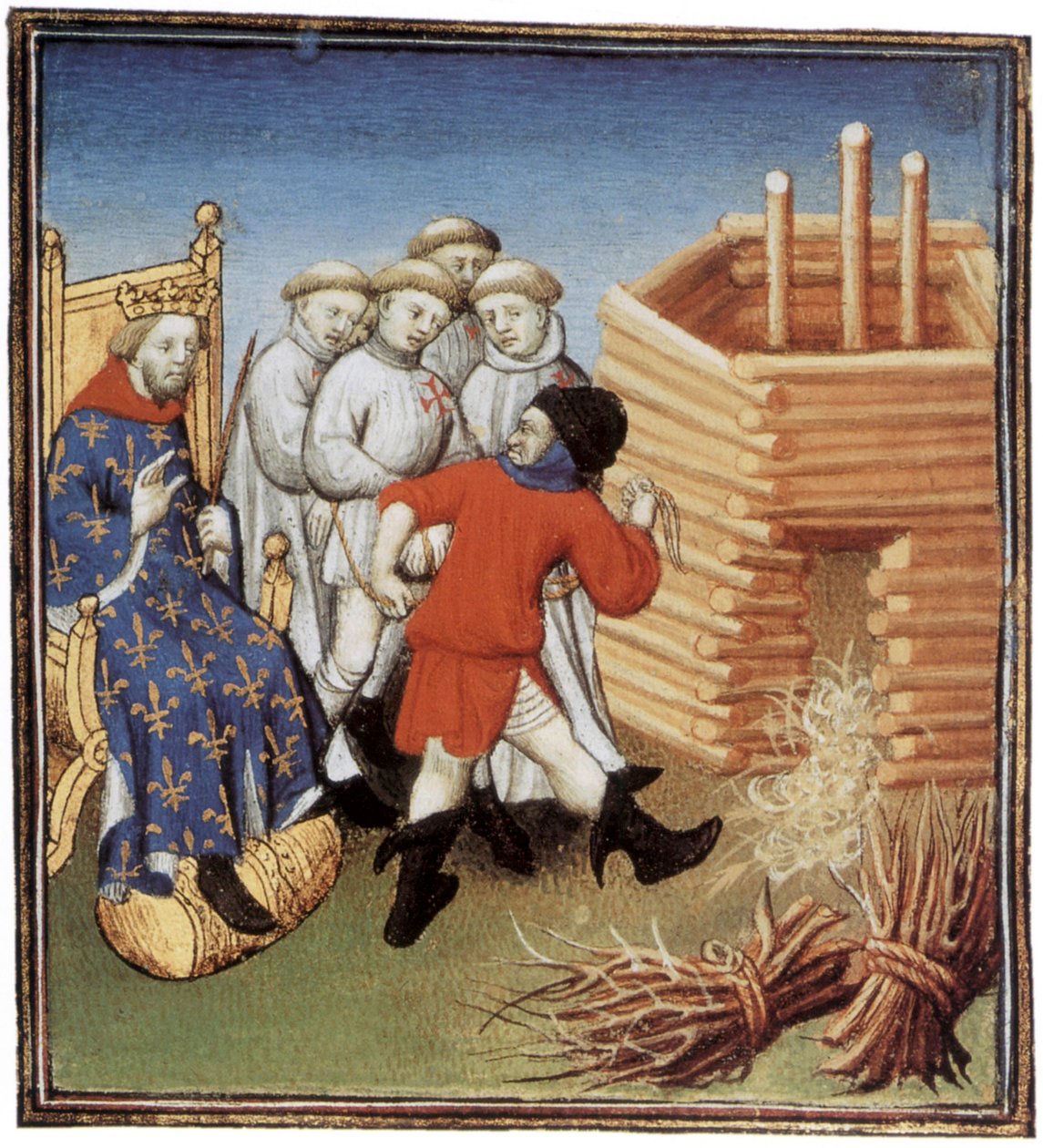 Les Templiers vont être exécutés sous le regard du roi de France Philippe IV le Bel en 1310, enluminure - French School