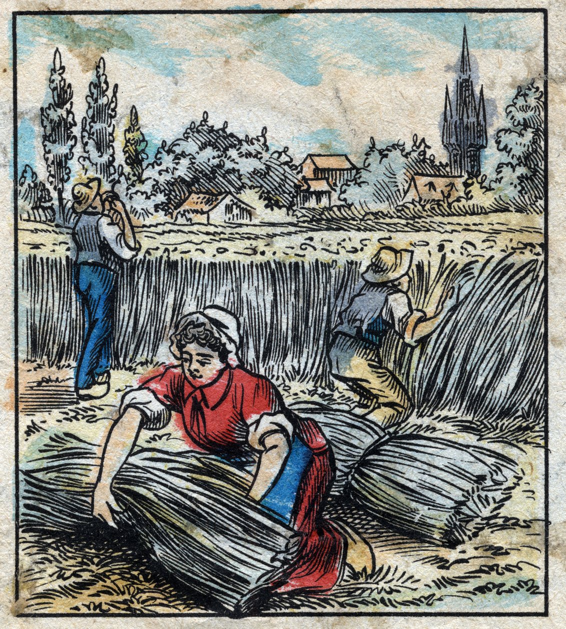 Textile, lin : agriculture. Récolte du lin qui est assemblé en bottes pour sécher. Gravure. Imagerie d