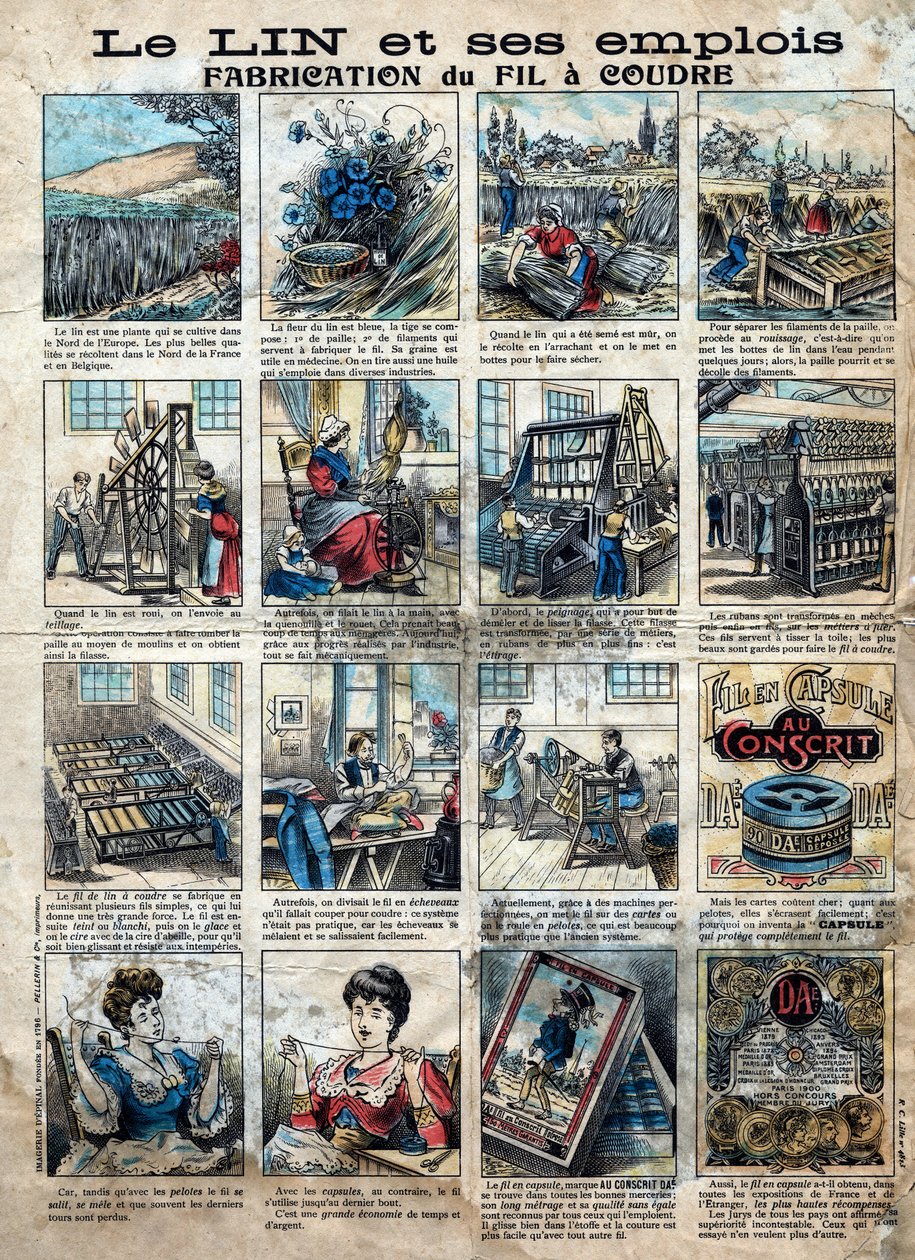 Textile, lin. Les étapes de la couture, fabrication, utilisation et commercialisation du lin pour faire du fil à coudre. Gravure. Imagerie d