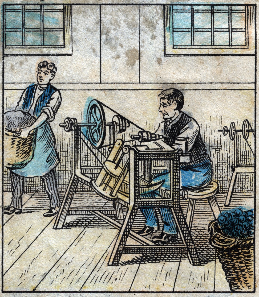 Textile, lin : atelier. Le fil à coudre est disposé sur des cartes ou des rouleaux en boule. Gravure. Imagerie d