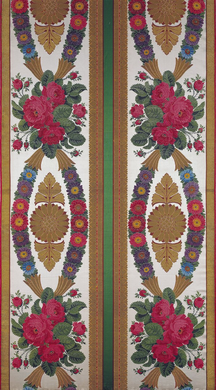 Textile avec des guirlandes de marguerites et des bouquets de roses, Cousin et Bony, Bissardon, Lyon, 1811 - French School