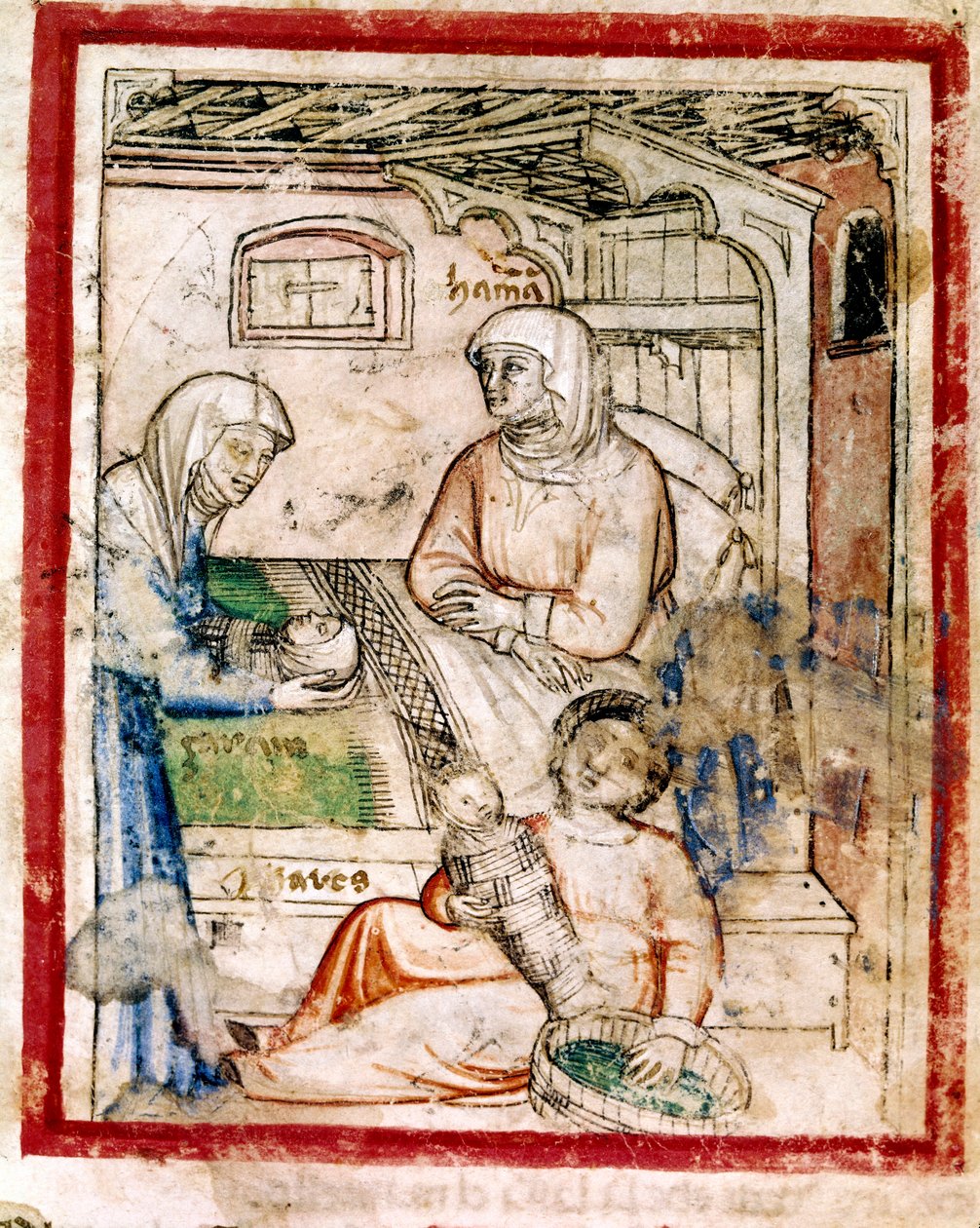 Thamar (Tamar) donne naissance à deux jumeaux, Perets et Zerah, fils de Juda, Miniature du codex 212 (ou codex padovano ou Bible de Padoue) 1390-1400 - French School