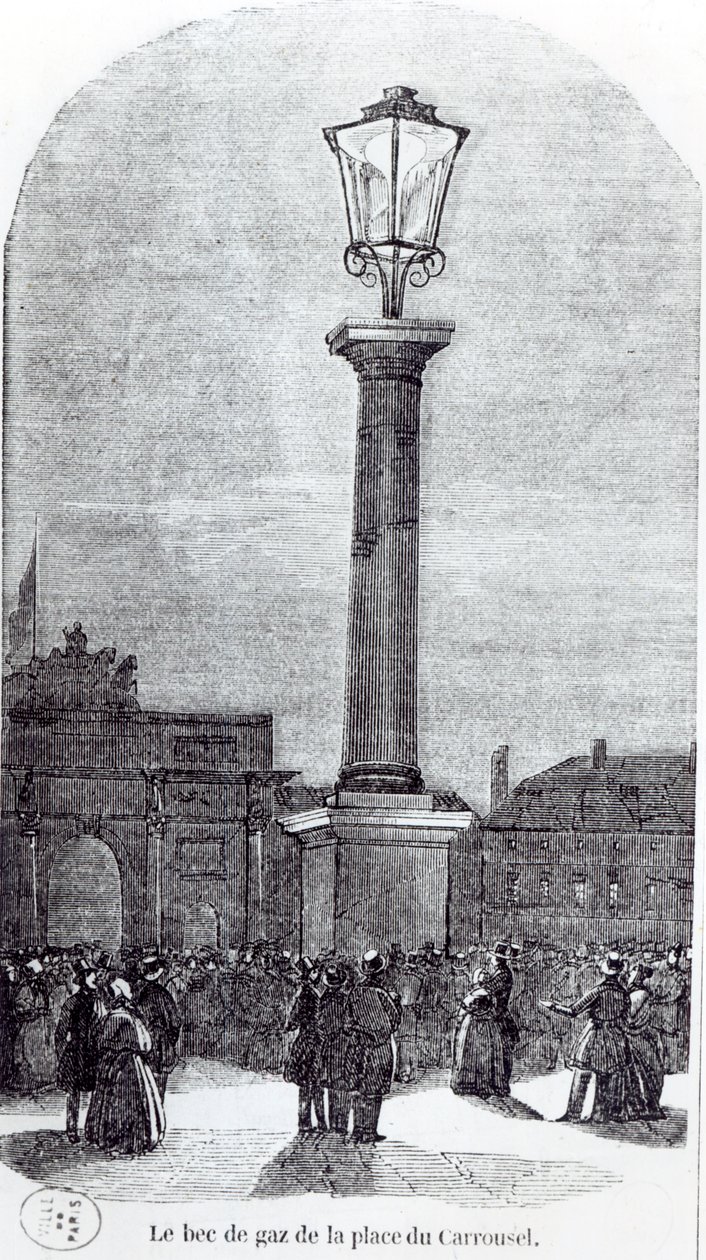 Le premier réverbère à gaz à Paris, Place du Carrousel en 1818 - French School