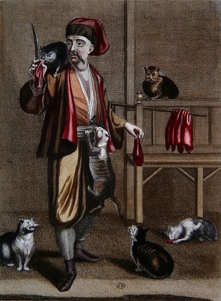 Le Dgi-Guerdgi albanais nourrissant des chats dans le bazar de Constantinople avec du foie de mouton, du 